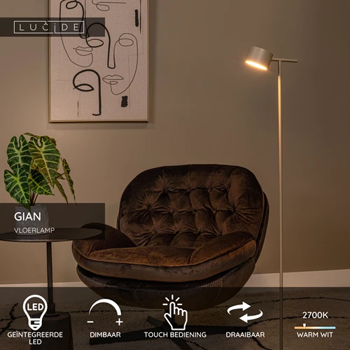 Lucide GIAN - Vloerlamp - LED Dimb. - 1x9W 2700K - Taupe - USP